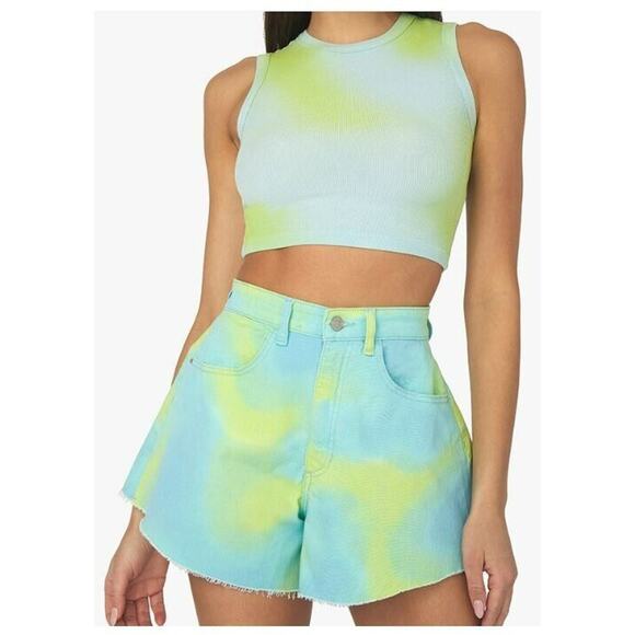New WeWoreWhat Flare Bell Short Stretch Twill Denim Tie Dye Green Blue Size 26 - Picture 1 of 7